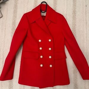 Pinko Bold Red Pea Coat with Pearl Accents
